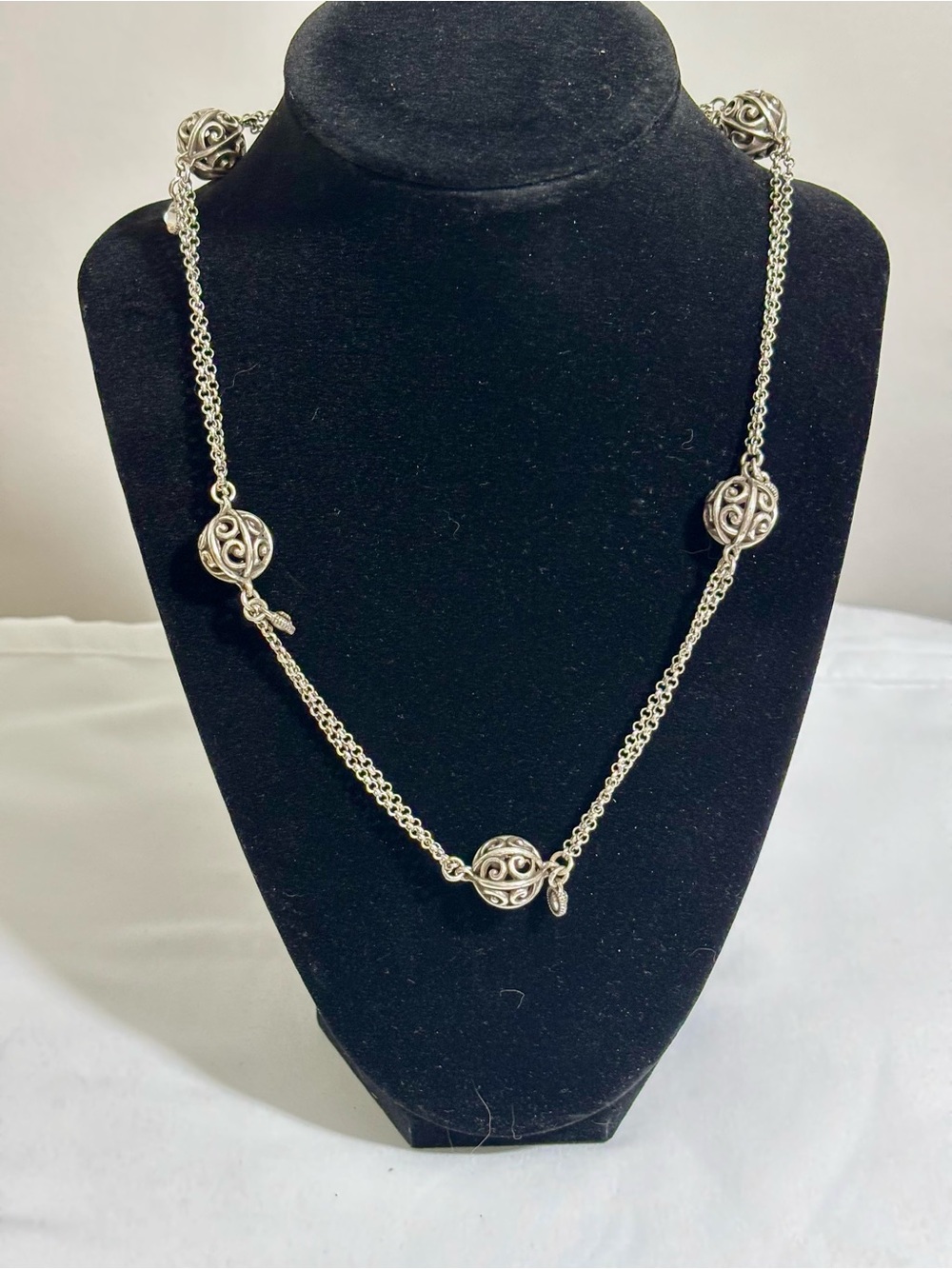 Brighton Silver Plated  Filigree “Ball and Chain” Station Necklace 30”